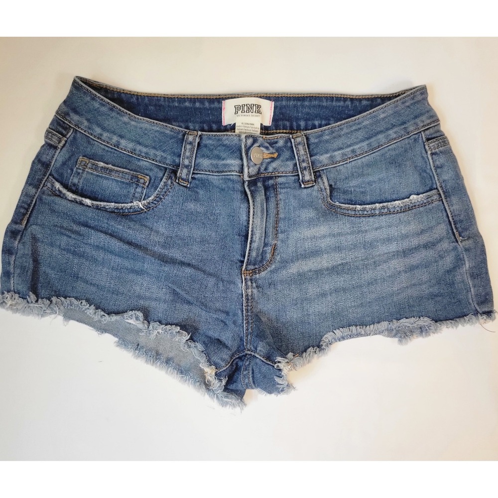 Victoria's Secret PINK Denim Shorts Medium Wash Cut Off Frayed Hem Womens Size 6